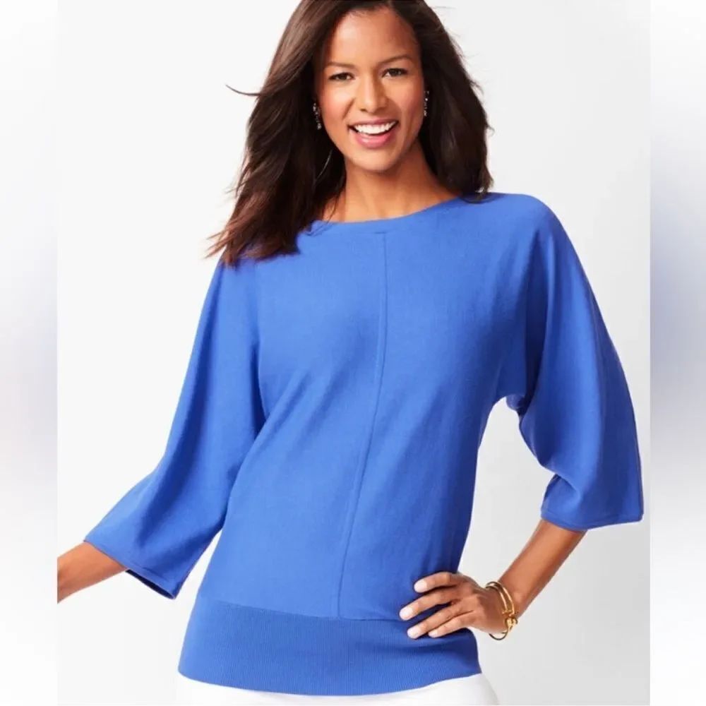 TALBOTS L Periwinkle Blue Boat Neck Dolman Sleeve Knit Cotton Blend Sweater Top